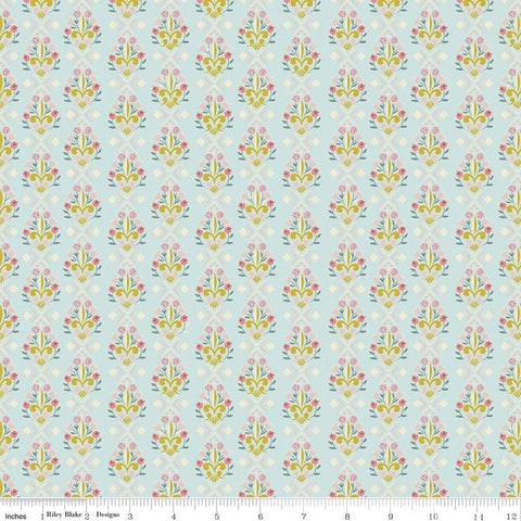Beauty and the Beast Fleur-de-lis C9535 Light Blue - Riley Blake Designs - Fairy Tale Flowers Pink Cream Gold - Quilting Cotton Fabric