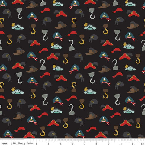 CLEARANCE Pirate Tales Hats C9685 Black - Riley Blake Designs - Pirates Hooks Hats -  Quilting Cotton Fabric