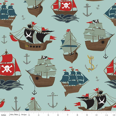22" End of Bolt - Pirate Tales Main C9680 Blue - Riley Blake Designs - Pirate Ships Anchors - Quilting Cotton Fabric