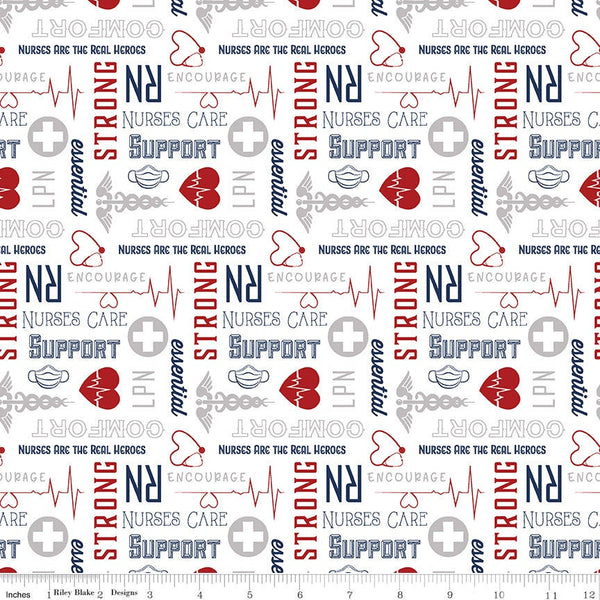 Nobody Fights Alone Nurses Care C10422 Red - Riley Blake Designs - Symbols Text RN LPN Nursing  - Quilting Cotton Fabric