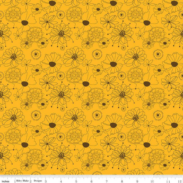 28" End of Bolt - CLEARANCE Give Thanks Flowers C9521 Gold - Riley Blake  - Thanksgiving Autumn Fall Floral Line Drawings - Quilting Cotton