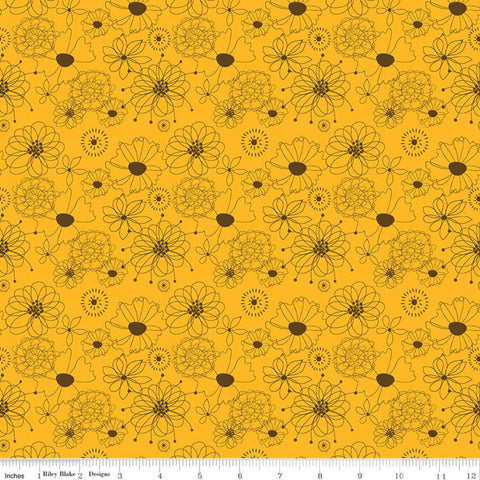 SALE Give Thanks Flowers C9521 Gold - Riley Blake Designs - Thanksgiving Autumn Fall Floral Line Drawings - Quilting Cotton Fabric
