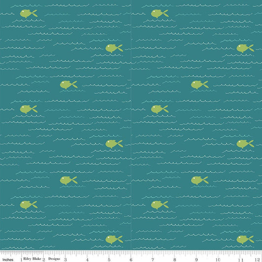 DEAL Ready Set Splash! Fish C9891 Teal- Riley Blake Designs - Fish Waves Blue Green - Quilting Cotton Fabric