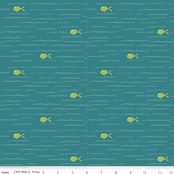 SALE Ready Set Splash! Fish C9891 Teal- Riley Blake Designs - Fish Waves Blue Green - Quilting Cotton Fabric