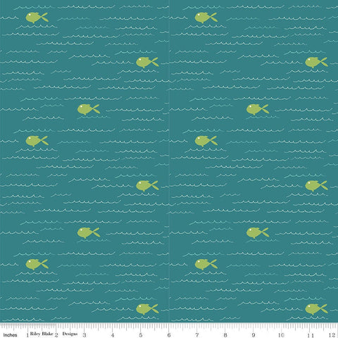 SALE Ready Set Splash! Fish C9891 Teal- Riley Blake Designs - Fish Waves Blue Green - Quilting Cotton Fabric