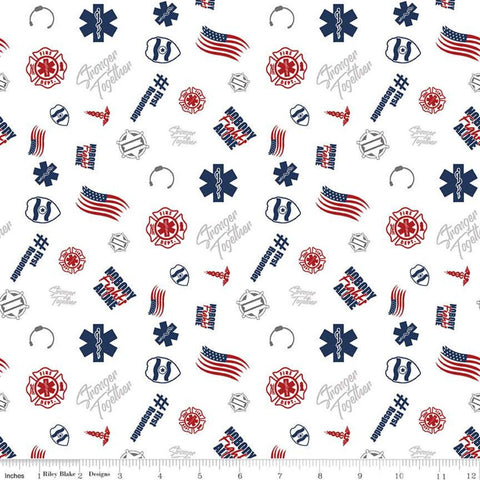 CLEARANCE Nobody Fights Alone First Responder C10421 White - Riley Blake Designs - Symbols Flags - Quilting Cotton Fabric