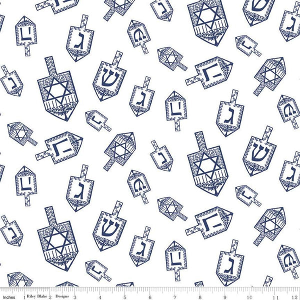 CLEARANCE Festival of Lights Dreidel Toss C9650 White - Riley Blake Designs - Hanukkah Blue White - Quilting Cotton Fabric