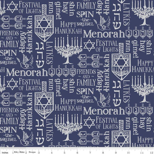 CLEARANCE Festival of Lights Symbols SC9651 Silver SPARKLE - Riley Blake Designs - Hanukkah Menorah Words Text - Quilting Cotton