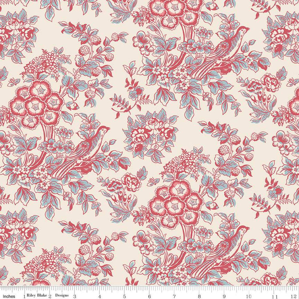 SALE Jane Austen at Home C10016 Charlotte - Riley Blake Designs - Cream Red Blue Historical Reproductions Floral Flowers - Quilting Cotton