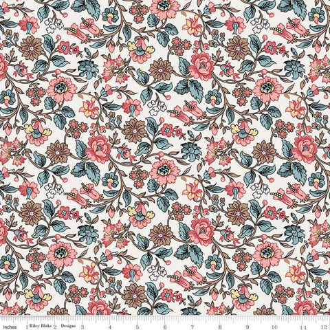 SALE Jane Austen at Home C10003 Anne - Riley Blake  - Cream Blue Pink Historical Reproductions Flowers Floral - Quilting Cotton Fabric