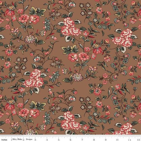 SALE Jane Austen at Home C10001 Georgiana - Riley Blake  - Brown Pink Historical Reproductions Flowers Floral - Quilting Cotton Fabric