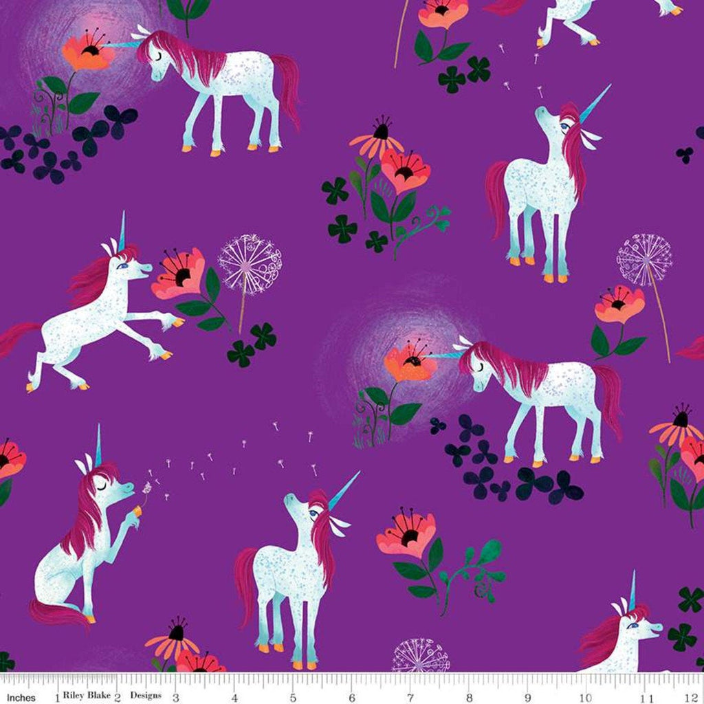 CLEARANCE Uni the Unicorn Toss C9981 Purple - Riley Blake Designs - Fantasy Flowers Dandelions - Quilting Cotton