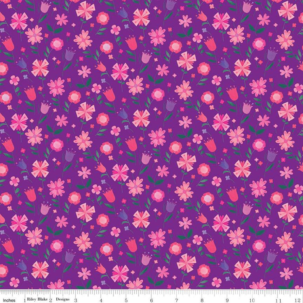 Fat Quarter End of Bolt Piece -Uni the Unicorn Flowers C9983 Purple-Riley Blake - Fantasy Amy Krouse Rosenthal Floral-Quilting Cotton Fabric