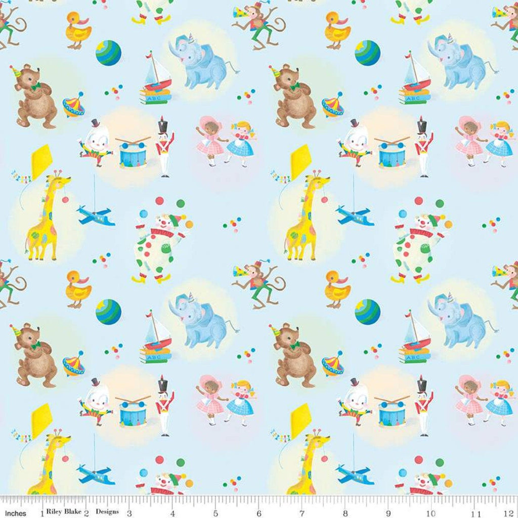 SALE The Little Engine That Could Toys C9991 Blue - Riley Blake Designs - Juvenile Dolls Planes Drums Animals  - Quilting Cotton Fabric