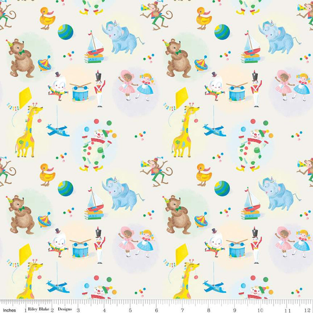CLEARANCE The Little Engine That Could Toys C9991 Cream - Riley Blake Designs - Dolls Planes Drums Animals  - Quilting Cotton Fabric