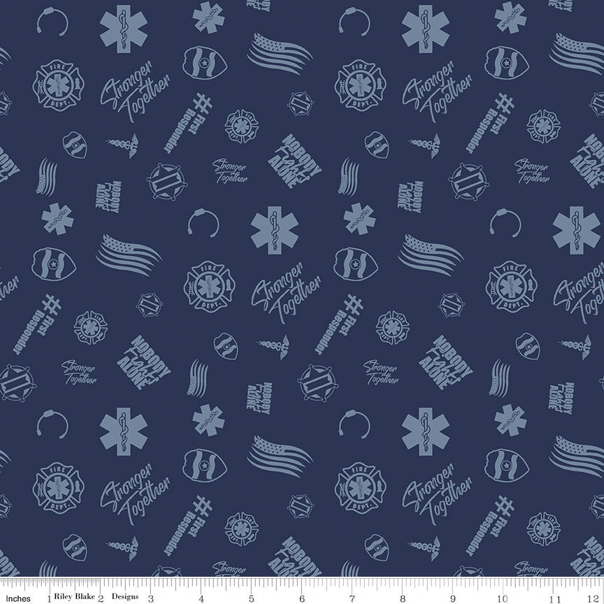 SALE Nobody Fights Alone First Responder C10421 Navy - Riley Blake Designs - Blue Symbols Flags Stronger Together - Quilting Cotton Fabric