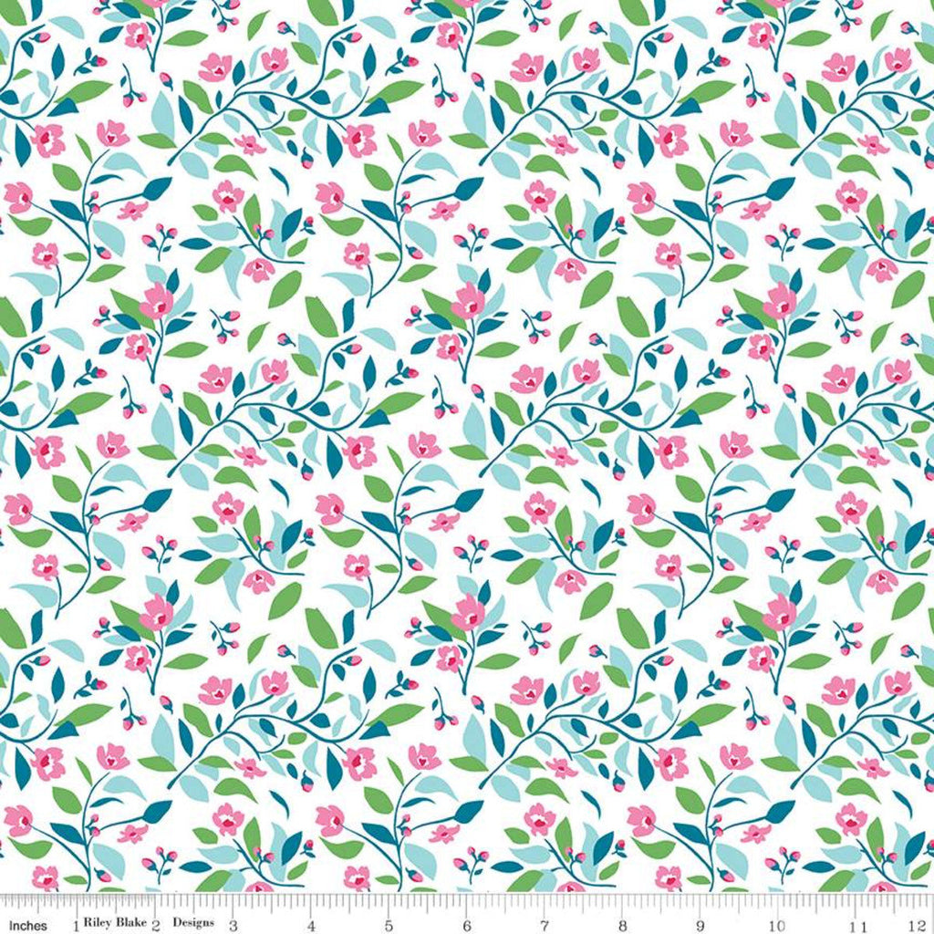 SALE Fleur Vines C9872 Blue - Riley Blake Designs - Floral Flowers Flower Sprigs Leaves White  - Quilting Cotton Fabric