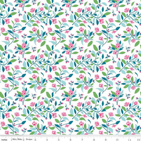 SALE Fleur Vines C9872 Blue - Riley Blake Designs - Floral Flowers Flower Sprigs Leaves White  - Quilting Cotton Fabric