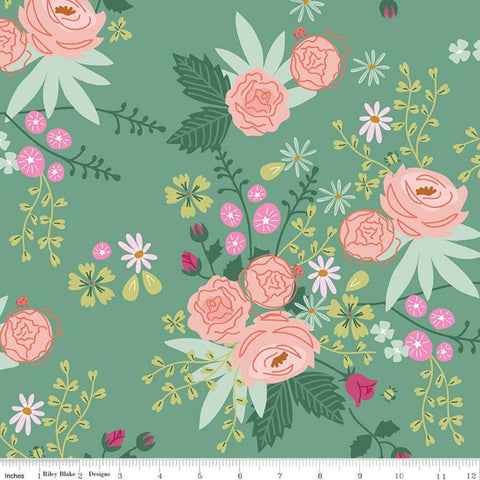 SALE New Dawn Main C9850 Green - Riley Blake Designs - Floral Flower Flowers Orange Pink - Quilting Cotton Fabric