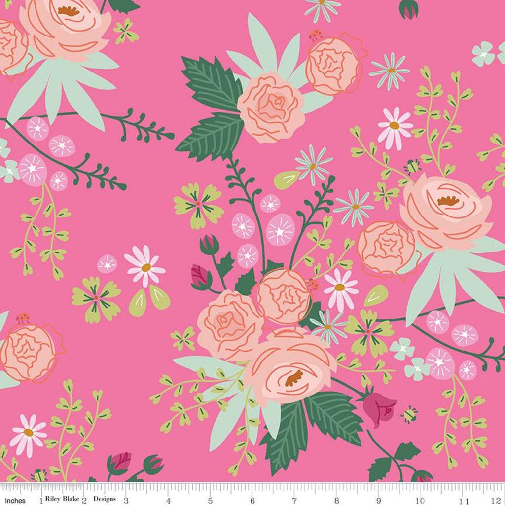 SALE New Dawn Main C9850 Hot Pink - Riley Blake Designs - Floral Flower Flowers - Quilting Cotton Fabric