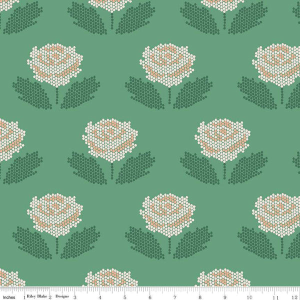 CLEARANCE New Dawn Stitch C9852 Green - Riley Blake Designs - Floral Pixelated Flower Flowers Leaves - Quilting Cotton Fabric