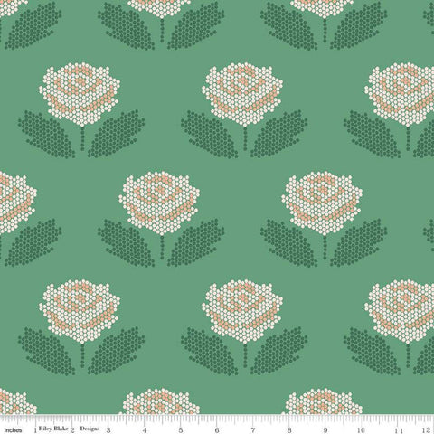 SALE New Dawn Stitch C9852 Green - Riley Blake Designs - Floral Pixelated Flower Flowers Leaves - Quilting Cotton Fabric