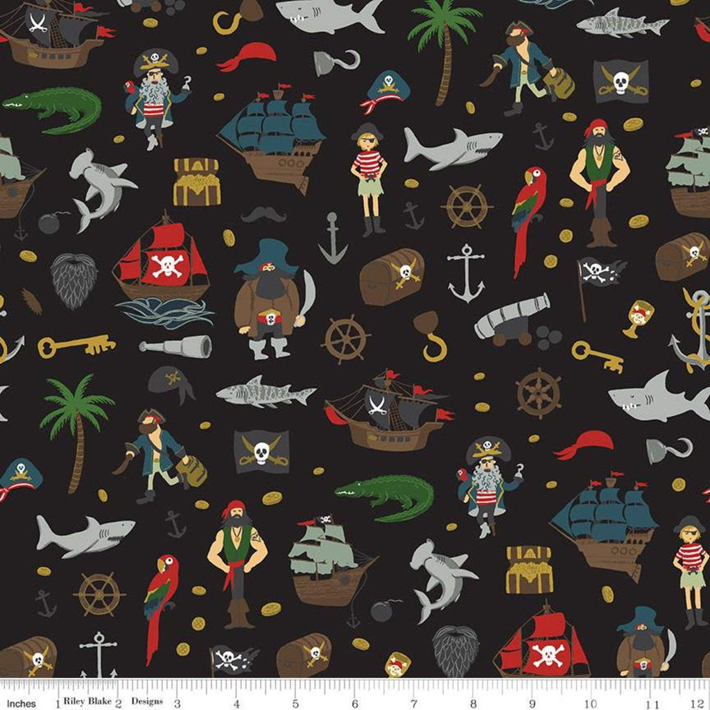 SALE Pirate Tales Scatter C9681 Black - Riley Blake Designs - Pirates Ships Anchors Coins Sharks Treasure Chests Hooks - Quilting Cotton