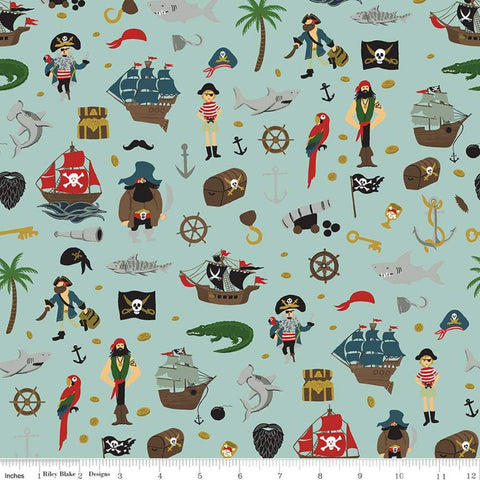 SALE Pirate Tales Scatter C9681 Blue - Riley Blake Designs - Pirates Ships Anchors Coins Sharks Treasure Chests Hooks - Quilting Cotton