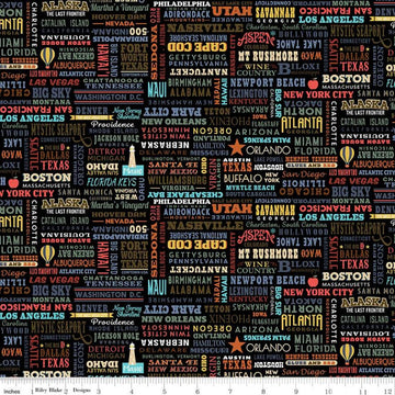 DEAL Destinations United States Destinations C10029 Black - Riley Blake Designs - Cities States Points of Interest - Quilting Cotton Fabric