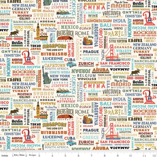 11" End of Bolt Destinations World Destinations C10031 Cream - Riley Blake Cities Countries Points of Interest Text - Quilting Cotton Fabric