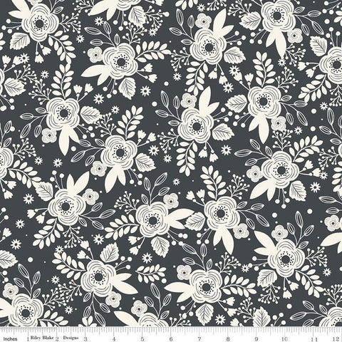 Fat Quarter end of bolt - CLEARANCE My Heritage Main C9790 Charcoal - Riley Blake Designs -  Dark Gray Cream Floral - Quilting Cotton Fabric