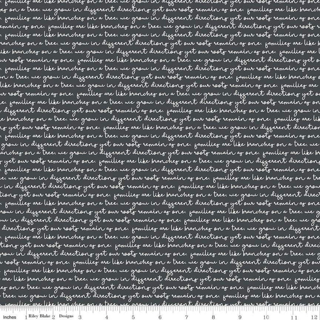 Fat Quarter End of Bolt - My Heritage Text C9792 Charcoal - Riley Blake - Dark Gray Cream Script Words Families  - Quilting Cotton Fabric