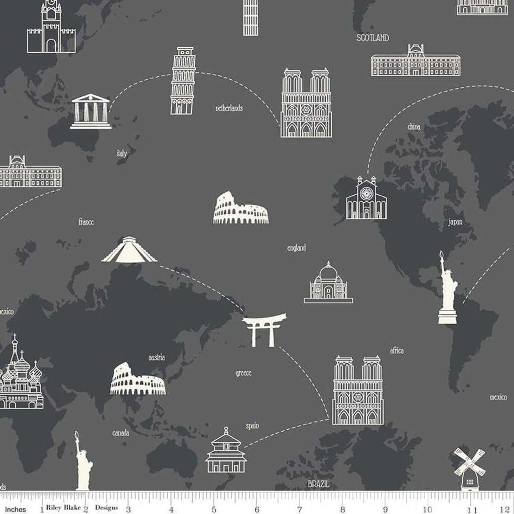 CLEARANCE My Heritage Map C9797 Charcoal - Riley Blake - Gray World Map Countries Landmarks  - Quilting Cotton Fabric
