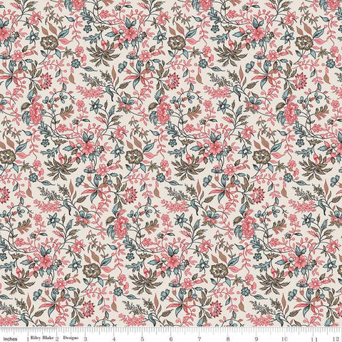 SALE Jane Austen at Home C10009 Harriet - Riley Blake Designs - Cream Pink Blue Historical Reproductions Floral - Quilting Cotton Fabric