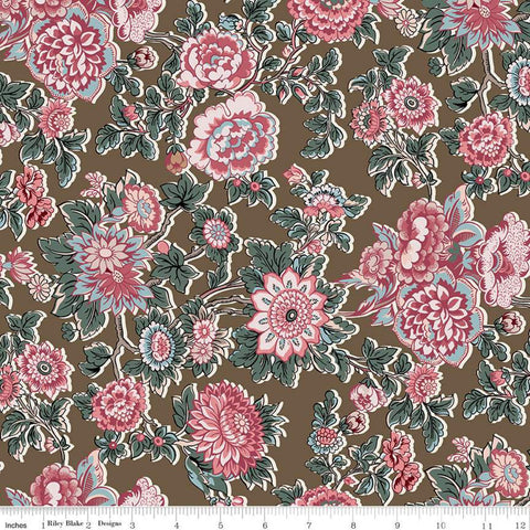 SALE Jane Austen at Home C10008 Caroline - Riley Blake Designs - Brown Pink Blue Historical Reproductions Flowers Floral - Quilting Cotton
