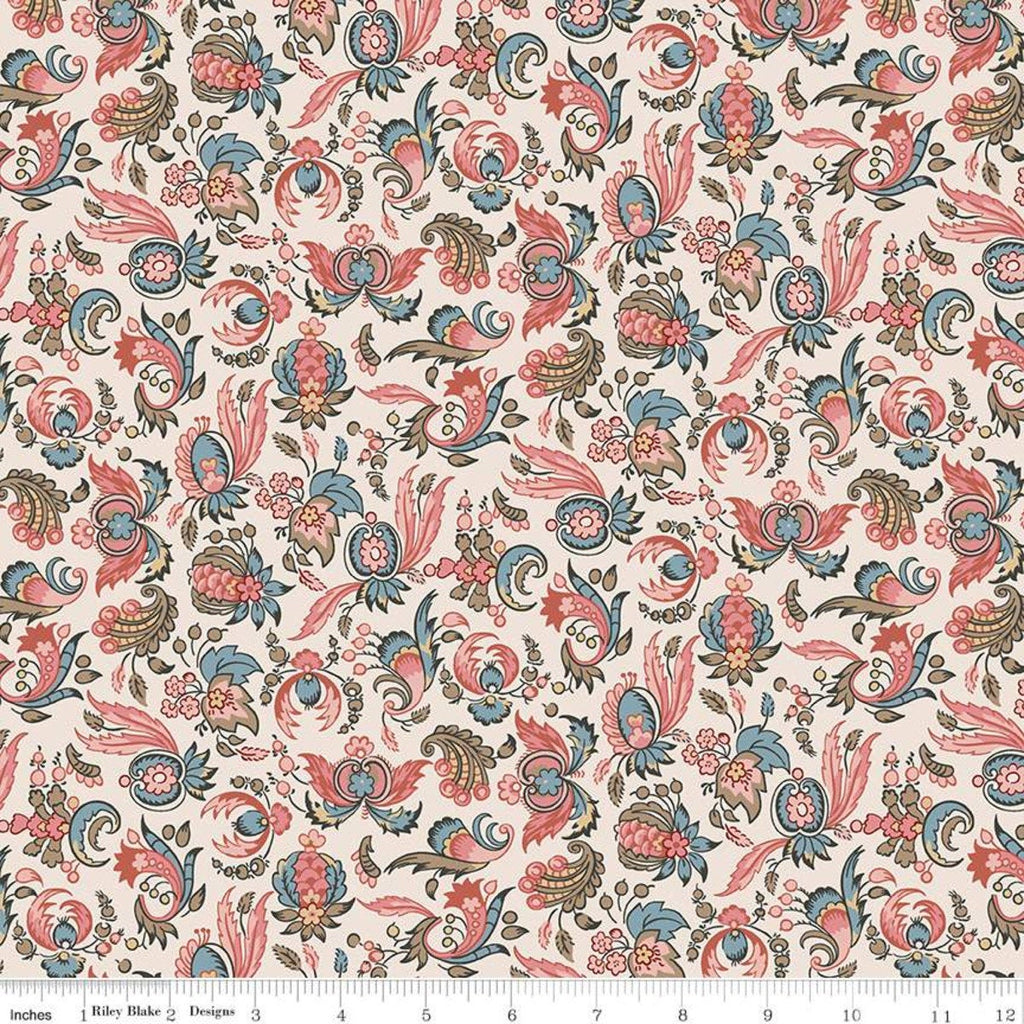 SALE Jane Austen at Home C10005 Jane - Riley Blake Designs - Cream Pink Blue Historical Reproductions Floral - Quilting Cotton Fabric