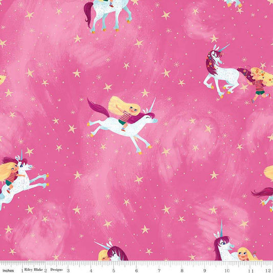 DEAL DEAL Uni the Unicorn Main C9980 Pink - Riley Blake Designs - Fantasy Amy Krouse Rosenthal Girl Stars Dots - Quilting Cotton Fabric