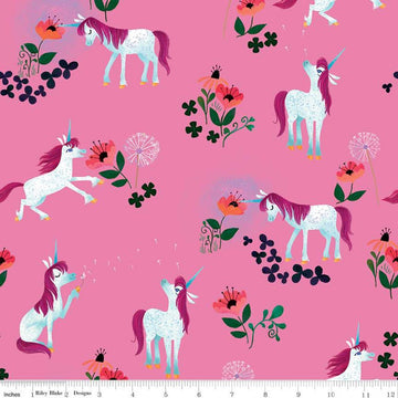 DEAL Uni the Unicorn Toss C9981 Pink - Riley Blake Designs - Fantasy Juvenile Flowers Dandelions - Quilting Cotton Fabric