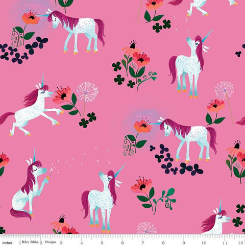 SALE Uni the Unicorn Toss C9981 Pink - Riley Blake Designs - Fantasy Juvenile Flowers Dandelions - Quilting Cotton Fabric