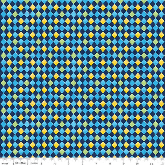 SALE The Little Engine That Could Argyle C9994 Navy - Riley Blake Designs - Juvenile Trains Geometric Diamonds Blue - Quilting Cotton Fabric