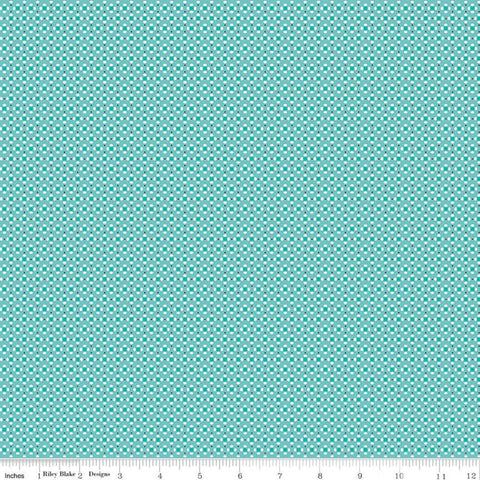 Image of the Prim Bloom Cottage quilting cotton fabric by Lori Holt for Riley Blake Designs. Features small geometric flowers on an aqua background. 
Cute Little Fabric Shop