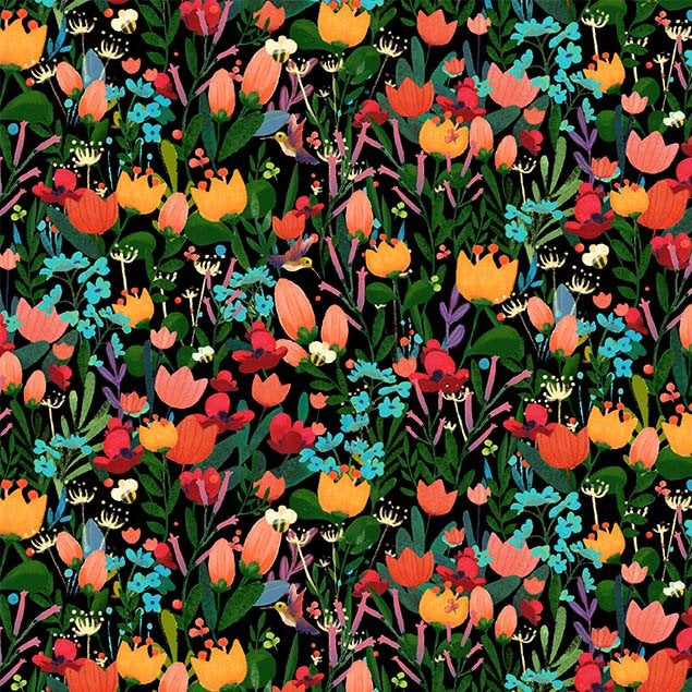 SALE Woodland Musicians Flower Fusion DC9014 Black - The Little Red House for Michael Miller - Floral - Quilting Cotton Fabric