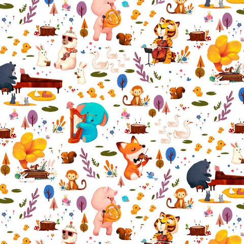 Woodland Musicians Forest Jam DC9012 Bright White - Michael Miller - Animals Music - Quilting Cotton Fabric