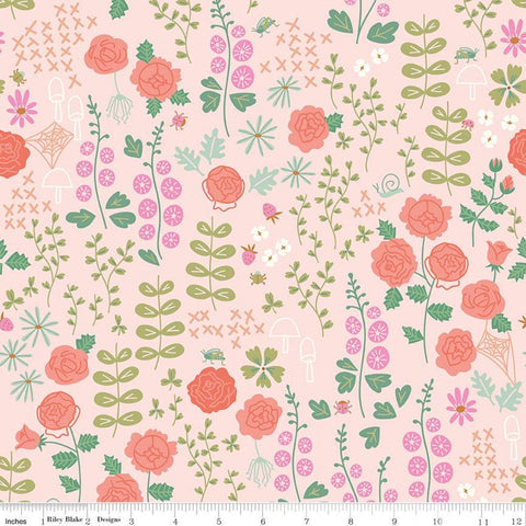 SALE New Dawn Rose Garden C9851 Blush - Riley Blake Designs - Pink Floral Flowers Leaves Berries Mushrooms Spider Webs - Quilting Cotton
