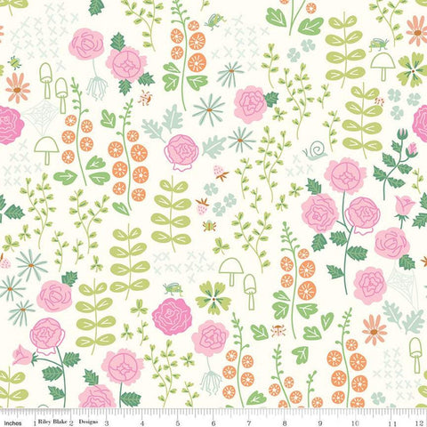 SALE New Dawn Rose Garden C9851 Cream - Riley Blake Designs - Floral Flowers Leaves Berries Mushrooms Spider Webs - Quilting Cotton Fabric