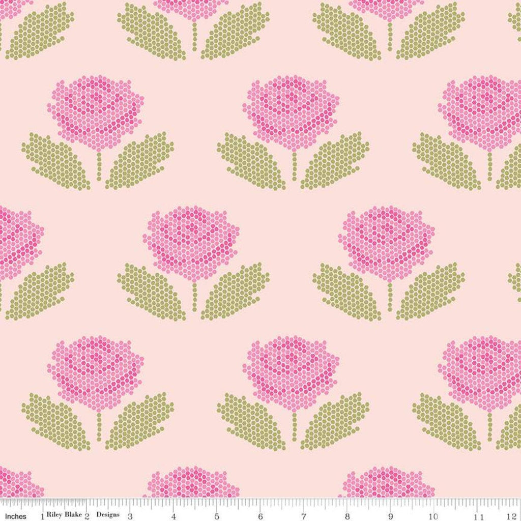 CLEARANCE New Dawn Stitch C9852 Blush - Riley Blake Designs - Pink Floral Pixelated Flower Flowers Leaves - Quilting Cotton Fabric