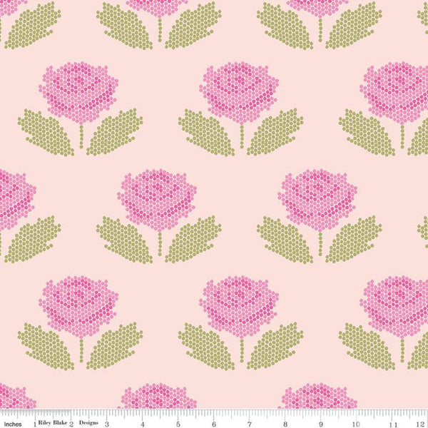 CLEARANCE New Dawn Stitch C9852 Blush - Riley Blake Designs - Pink Floral Pixelated Flower Flowers Leaves - Quilting Cotton Fabric