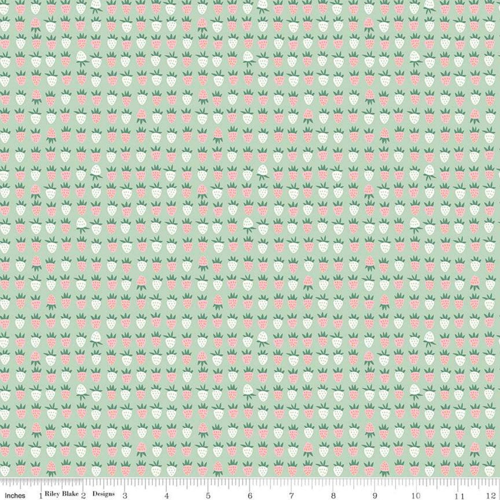 Fat Quarter end of bolt - New Dawn Strawberries C9853 Mint - Riley Blake Designs - Green Pink Cream Strawberry - Quilting Cotton Fabric
