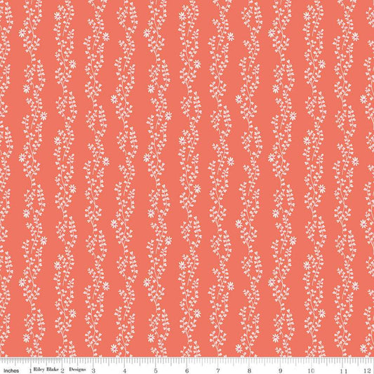 CLEARANCE New Dawn Clover Stripe C9854 Coral - Riley Blake Designs - Orange Pink Floral Flowers Leaves Striped Stripes -  Quilting Cotton