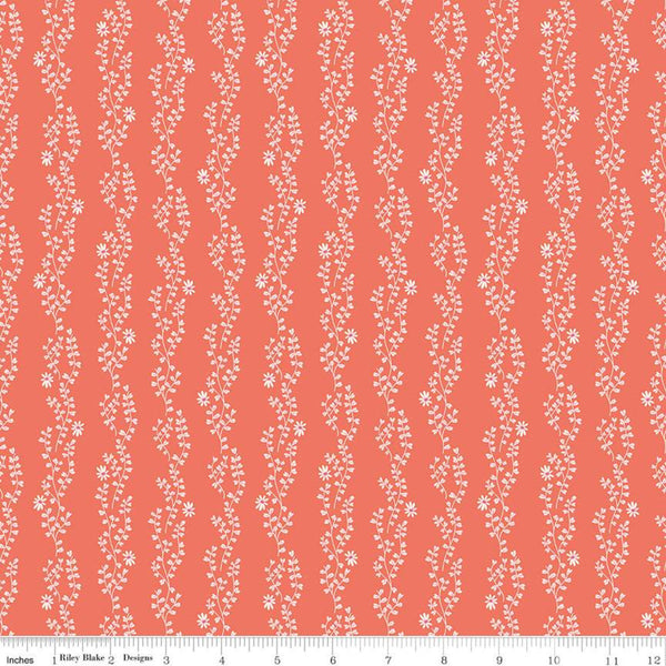 SALE New Dawn Clover Stripe C9854 Coral - Riley Blake Designs - Orange Pink Floral Flowers Leaves Striped Stripes -  Quilting Cotton